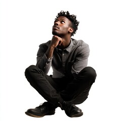 wondering man looking up with hand on chin

