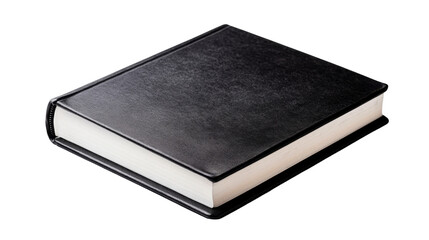 Closed black book with blank pages on black background, cut out transparent