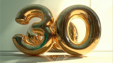 A stunning, reflective artistic representation of the number 30, beautifully crafted in golden hues, symbolizing celebration and milestone in a bright, modern environment.