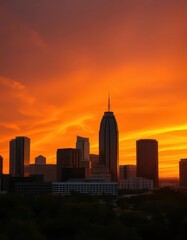 Fototapeta premium Golden hour illuminates Austin's skyline, skyscrapers silhouetted against fiery sunset, twilight, urban landscape