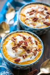 Delicious Pumpkin Pie Smoothie Bowls Topped with Pecans and Yogurt