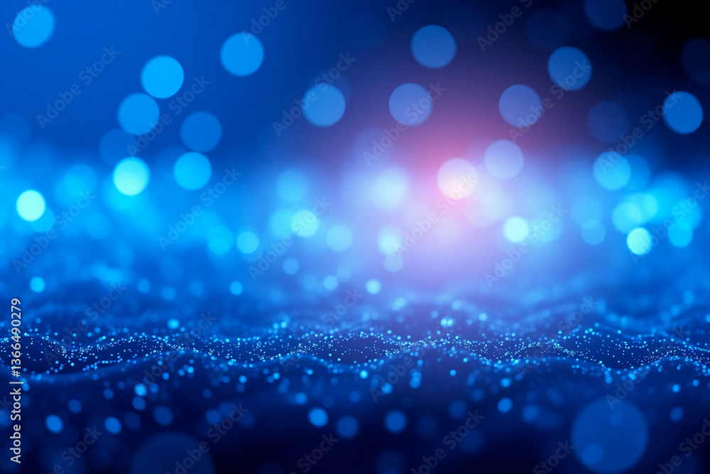 Poster abstract blue backdrop featuring bokeh lights and a wavy surface of dots. central illumination creat