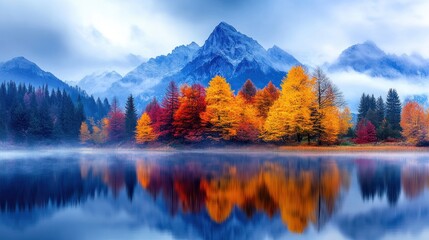 Autumnal Serenity: Majestic Mountains Mirrored in a Tranquil Lake