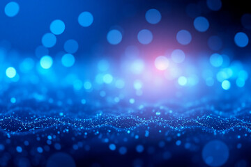 Fototapeta premium Abstract blue backdrop featuring bokeh lights and a wavy surface of dots. Central illumination creates a luminous and ethereal glow.