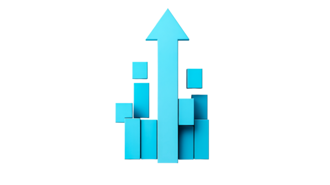 A blue block structure displays a growth chart with an upward arrow