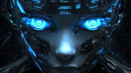 Futuristic Robot Face with Glowing Blue Eyes and Advanced Technology Design
