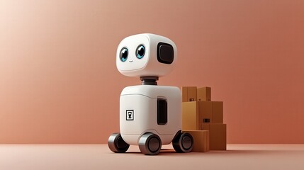A friendly white robot stands next to a stack of cardboard boxes, showcasing a futuristic design ideal for delivery services in a minimalist environment.