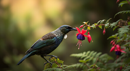 Obraz premium Tui bird gracefully drinks nectar from vibrant Fuchsia flower in New Zealand