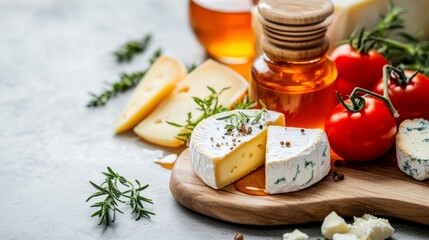 Delicious cheese platter with fresh tomatoes, honey, and herbs displayed on a wooden board for a casual feast