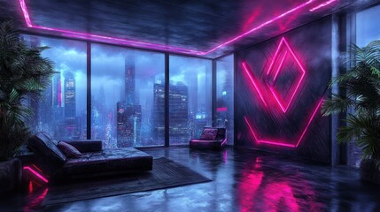 Fototapeta premium Neon Cityscape Penthouse: Futuristic Night View