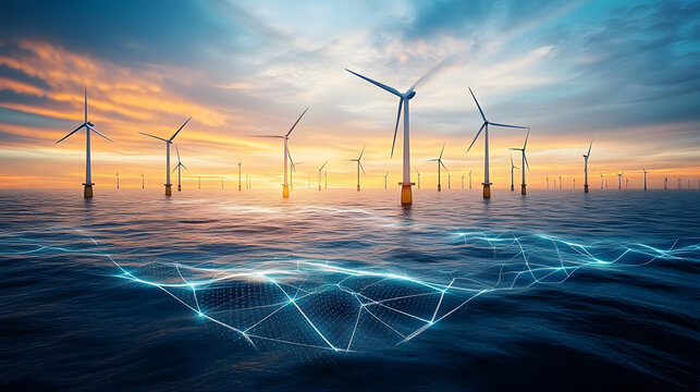 Offshore wind turbines with a grid on the ocean, a digital technology and big data concept, against a blue sky with sunset light