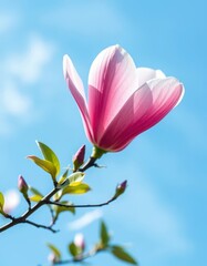 Fototapeta premium Single pink magnolia blossom adrift in a dreamy blue sky abstract, soft, magnolia