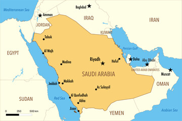 Fototapeta premium Vector Map of Saudi Arabia with Major Cities and Neighboring Countries – Editable Infographic