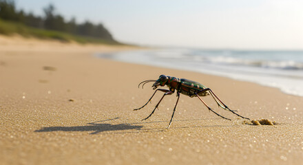 Emerald tiger beetle strides confidently across the sun-drenched beach landscape