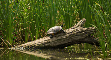 Obraz premium Turtle basking on a log in a tranquil marsh environment surrounded by reeds