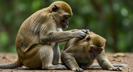 Naklejka premium Gentle moment: Stumptailed macaques exhibiting social grooming in natural habitat