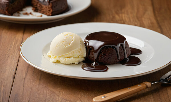 Plate on wooden table with a chocolate lava cake covered in a rich chocolate sauce and a scoop of vanilla ice cream. Petit gateau french sweet dessert.