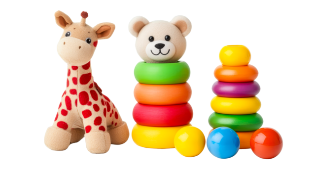 Plush toys and colorful stacking rings, fun childhood games, cut out transparent