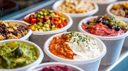 Delicious assortment of fresh toppings displayed in bowls at a vibrant food market