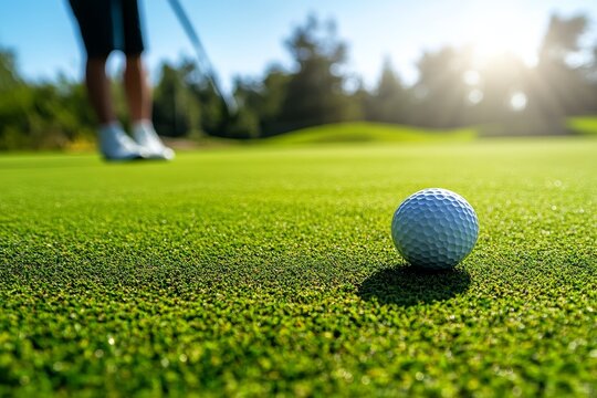 Golf ball on green, golfer about to putt