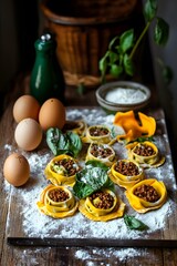 Delicious Homemade Ravioli with Meat Sauce, Fresh Basil, and Flour