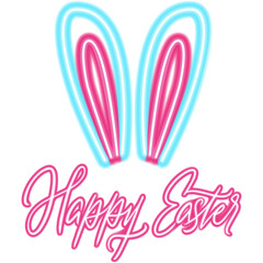 Happy Easter Rabbit Neon Label. Vector Illustration of Glowing Led Lamp Object. Seasonal Spring Greetings. Religious Traditional Christian Holiday.