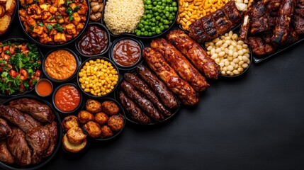 Obraz premium Delicious Feast: A mouthwatering array of grilled meats, savory sides, and flavorful sauces.