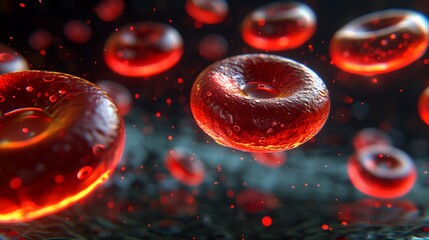 Close-Up of Red Blood Cells with Glowing Texture in Dark Biological Environment