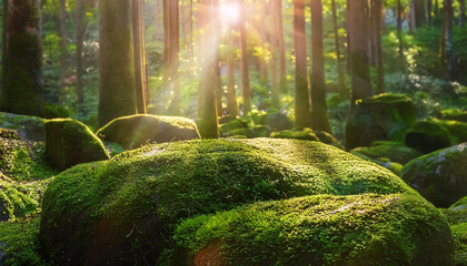 A serene and mystical scene of a small, traditional Japanese shrine nestled within a lush, moss-covered forest. The shrine, with its dark wooden structure and gently curved roof.