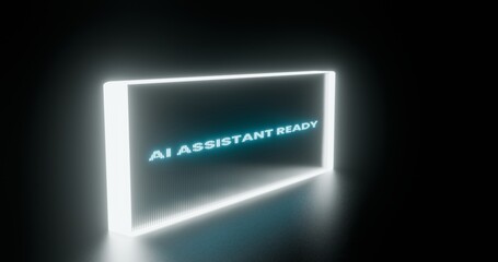 3d render of a smart device with a message, abstract neon glowing smart device with the text "AI Assistant Ready", Futuristic technology concept, AI Powered Devices concept