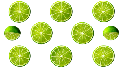 Sliced limes on a black background, citrus fruit, refreshing ingredient, cut out transparent