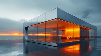 Fototapeta premium Modern House with Glass Walls and Warm Orange Glow Reflecting Sunset by Ocean