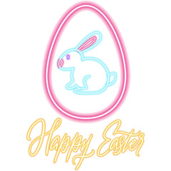 Happy Easter Egg Bunny Neon Label. Illustration of Glowing Led Lamp Object. Seasonal Spring Greetings. Religious Traditional Christian Holiday.