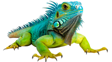 Iguana with blue green scales on black backdrop, cut out transparent