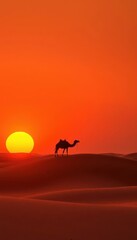 Sun-baked dunes, lone camel silhouetted against fiery sunset, sunset, camel silhouette, desert animal