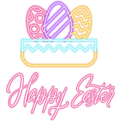 Happy Easter Eggs Basket Neon Label. Illustration of Glowing Led Lamp Object. Seasonal Spring Greetings. Religious Traditional Christian Holiday.