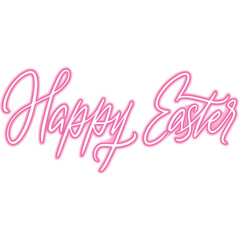 Happy Easter Pink Neon Lettering. Illustration of Glowing Led Lamp Object. Seasonal Spring Greetings. Religious Traditional Christian Holiday.