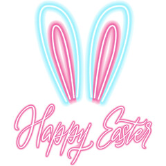 Happy Easter Rabbit Neon Label. Illustration of Glowing Led Lamp Object. Seasonal Spring Greetings. Religious Traditional Christian Holiday.