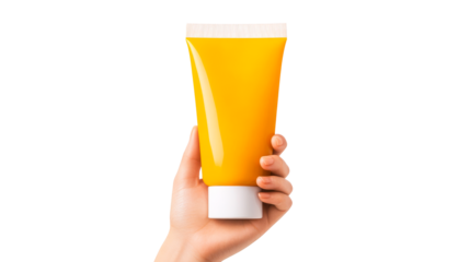 Female hand holding sunscreen tube with white cap, isolated object, cut out transparent