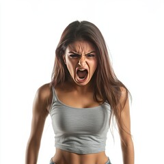 full-body shot of an angry woman on white background

