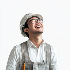 architect enjoying a moment, laughing on white backdrop

