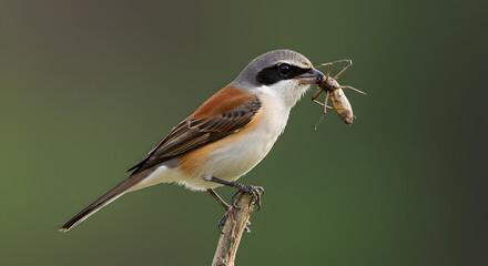 Obraz premium Tiger Shrike Impaling Insect on Thorn, A Display of Predatory Behavior