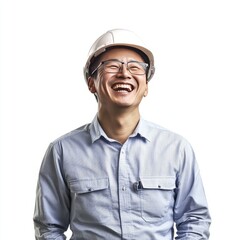 full-body shot of an architect laughing on white background

