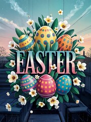 Obraz premium Easter Celebration with Colorful Easter Eggs Blooming Spring Flowers and a Cheerful Bunny in a Festive Cartoon Illustration Symbolizing Easter Holiday Traditions and the Joyful Spirit of Springtime