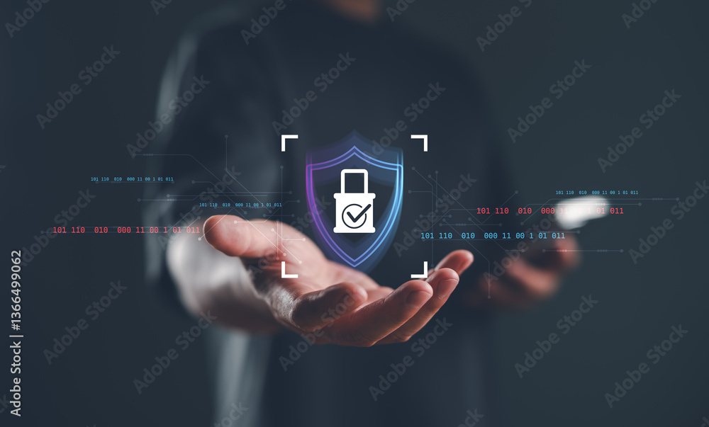 Poster cybersecurity concept. hand showing glowing padlock and password symbols on laptop, cybersecurity, d