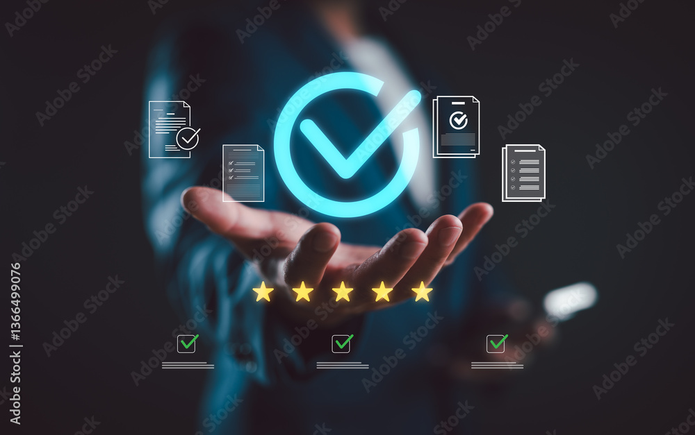 Poster businessman working with sign of the top service quality assurance, guarantee, standards, iso certif