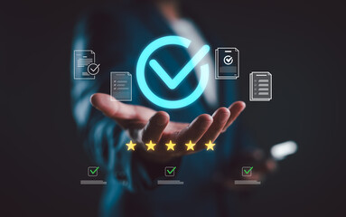 Businessman working with sign of the top service Quality assurance, Guarantee, Standards, ISO...