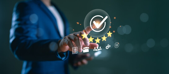 Businessman working with sign of the top service Quality assurance, Guarantee, Standards, ISO...