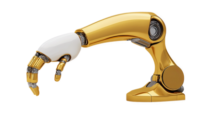 Sleek golden industrial robotic arm with precise metallic joints and white accents, futuristic style, transparent background – AI Generated Digital Art