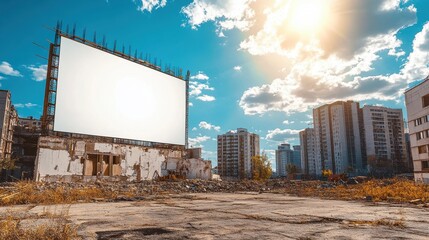 Obraz premium Large blank billboard stands among ruins in city under cloudy sky. Showcase your advert, promotion, or important message in a new, unusual way.